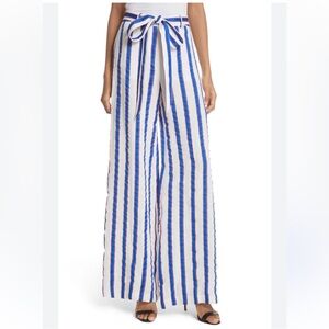 Milly Belted Sia Trouser Washed Linen Blend Pants Blue Pink White Stripe Sz 2